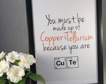 Science//Print//Chemistry inspired//Chemical Elements//Pereodic table//Personalise//Cute//Copper//Tellurium//Love/Anniversary/Gift//A4 Print