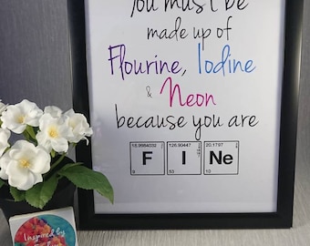 Science//Print//Chemistry inspired//Chemical Elements//Pereodic table//Personalise//FINE//Flourine//Iodine/Neon//Anniversary//Gift//A4 Print