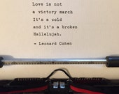 Leonard Cohen Hallelujah hand typed lyrics vintage typewriter valentines gift