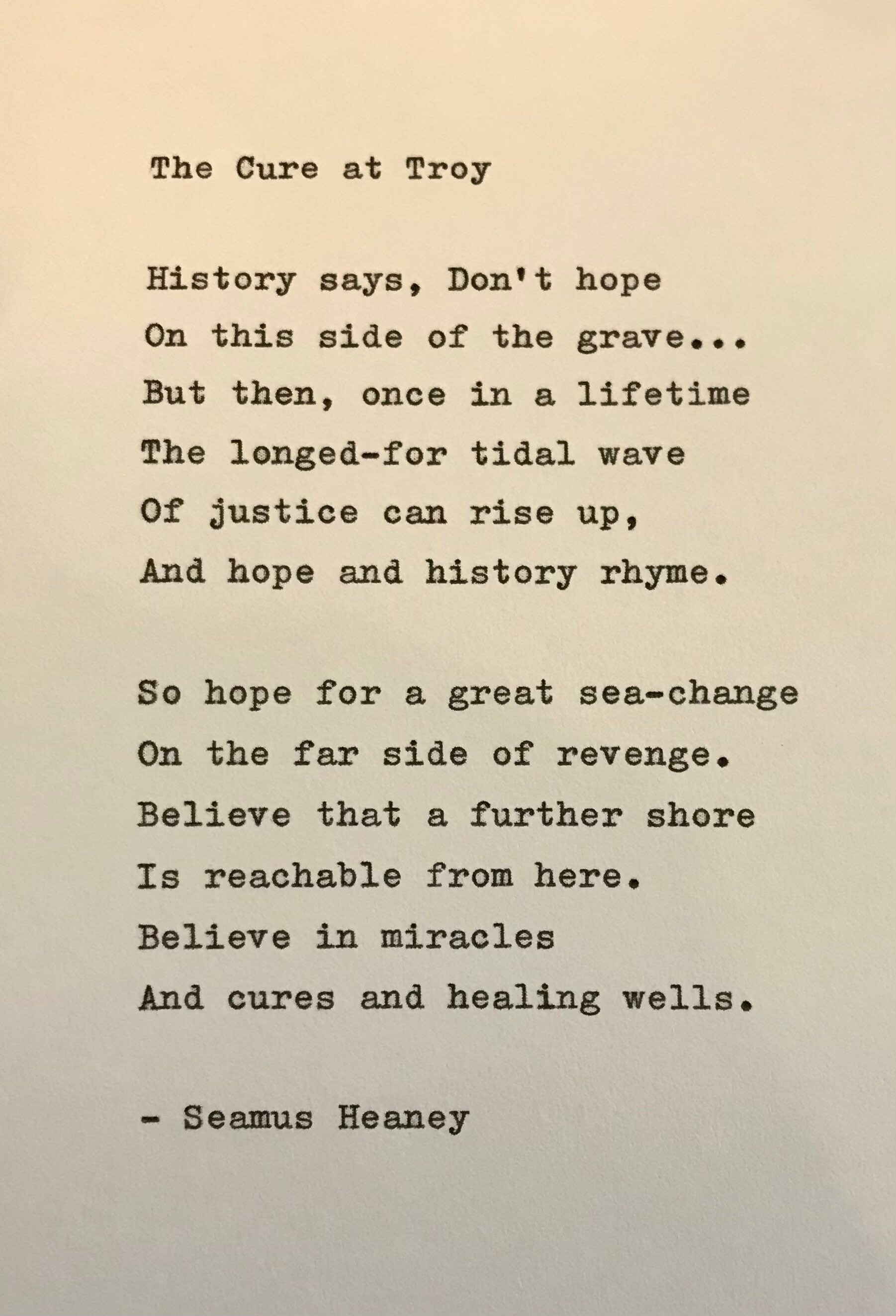 Seamus Heaney The Cure at Troy hand typed poem vintage Etsy