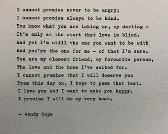 Wendy Cope 'A VOW' hand getypt liefde gedicht typemachine citaat teksten Valentijnscadeau