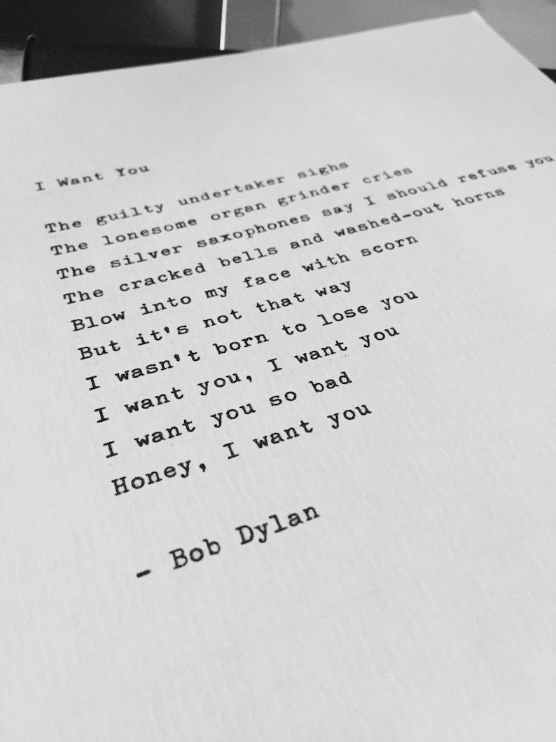 Bob Dylan I Want You Lyrics Deutsch Bob Dylan I Want You Hand Typed Lyrics Vintage Typewriter | Etsy