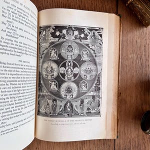 May include: A black and white illustration of a mandala with multiple deities in a circle. The text "The Great Mandala of the Peaceful Deities" is at the bottom of the image.