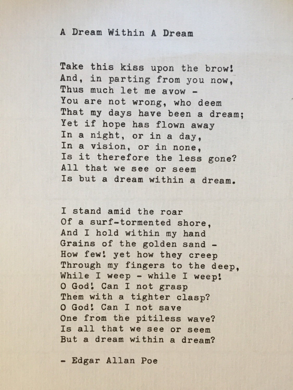 Edgar Allan Poe 'Dream within a Dream' hand typed poem Etsy