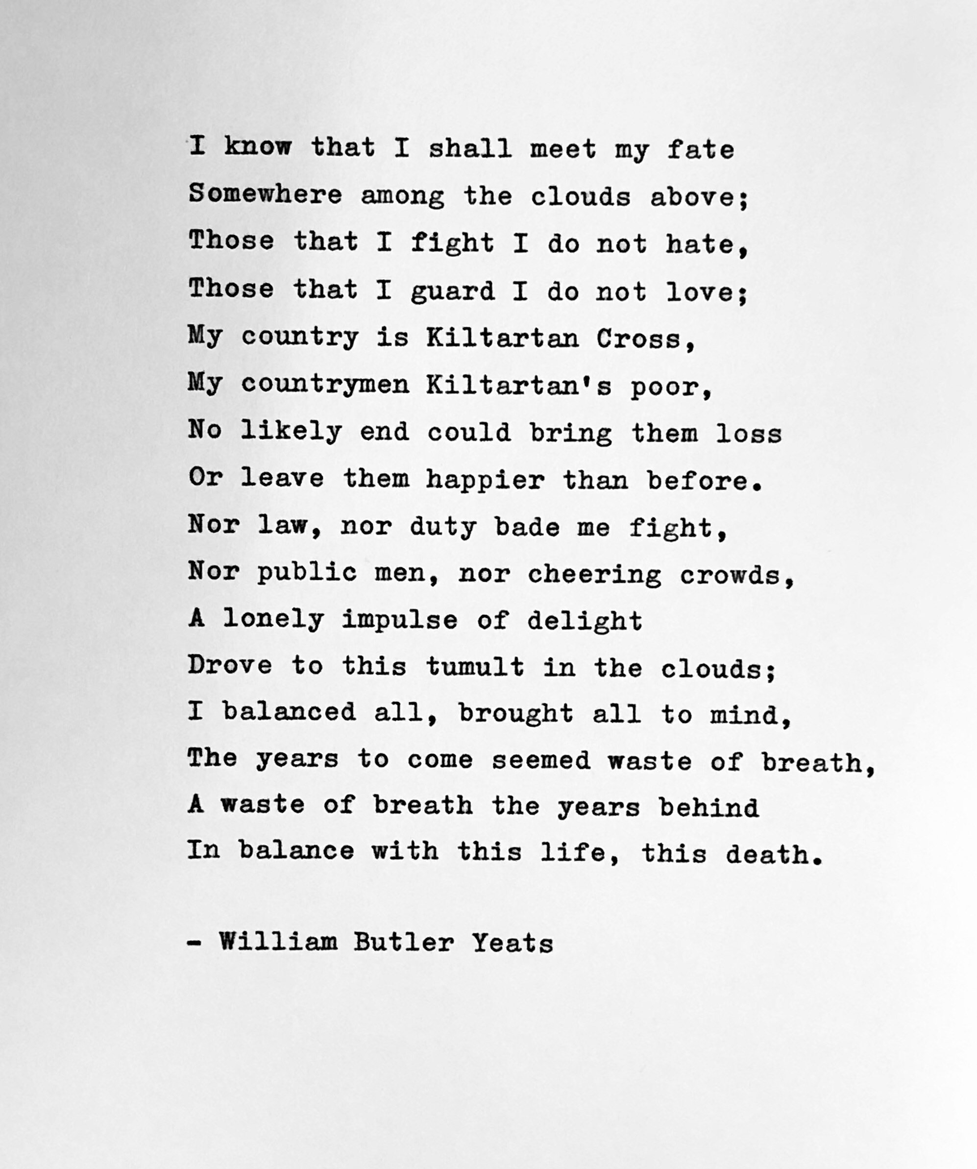 WB Yeats An Irish Airman Foresees His Death hand typed poem Etsy