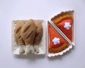 Catnip Cat Toy Set: Felt Turkey Dinner, Pumpkin Pie - Handmade