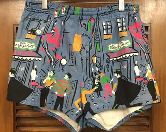 Vintage Men's 1950's Paris Streets Cartoon Swim Trunks, 1950's Swim Trunks, Vintage Swim Trunks, 1950s Shirt, Vintage Clothing