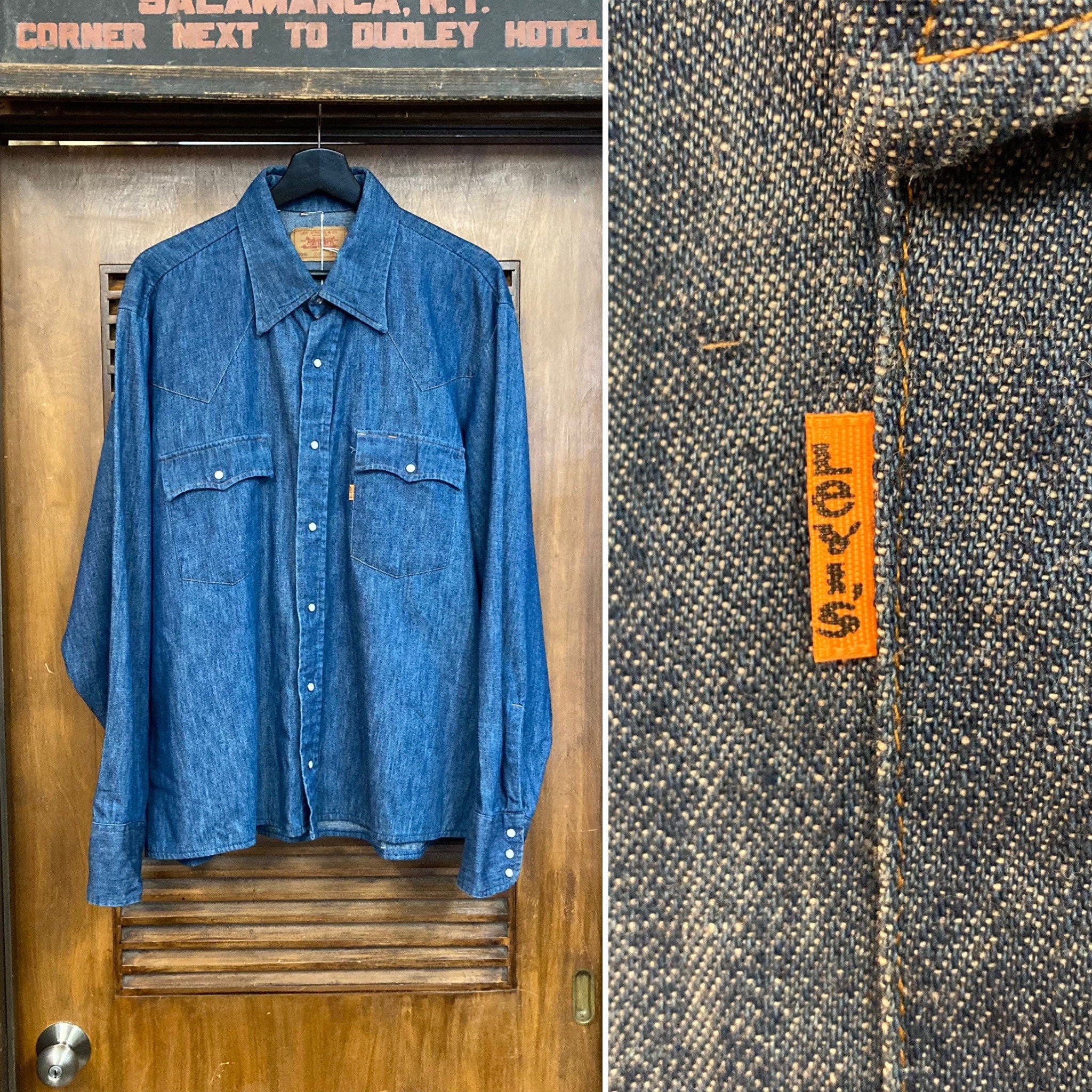 ShopExile Wrangler Denim Shirt Y2K Pearl Snap Blue Jean Button Up Top Long Sleeve Plain Basic Western Streetwear Boyfriend Vintage 00S Mens Medium 15