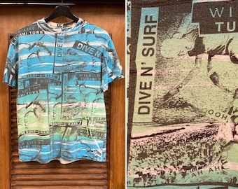Vintage 1980’s Surf New Wave All Over Print AOP Cotton T-Shirt, 80’s Tee Shirt, Vintage Clothing