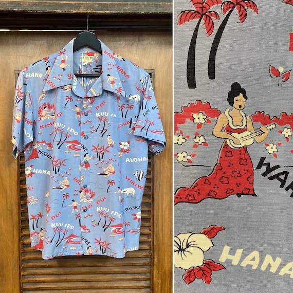 Vintage 1940’s Cartoon Natives Linen Hawaiian Tro… - image 1