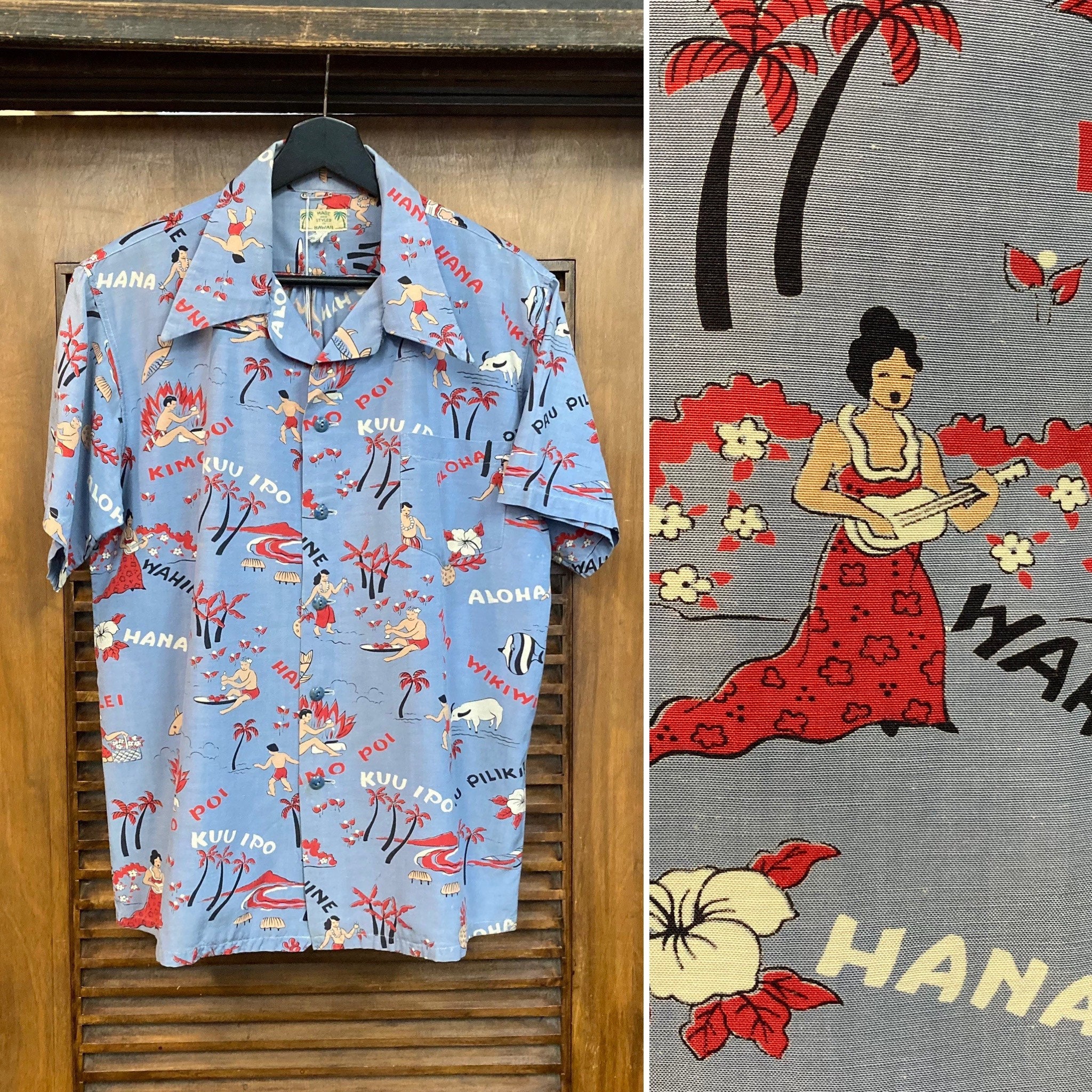 Vintage 1940's Cartoon Natives Linen Hawaiian Tropical Print Vintage 1940's Cartoon Natives Linen Hawaiian Tropical Print