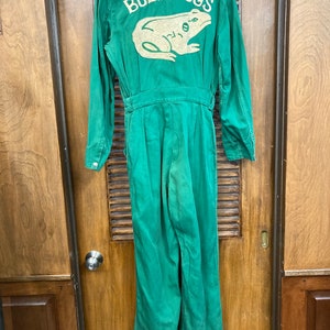 Vintage 1940s Bullfrogs Pep Squad Cheerleader Green Twill Workwear Embroidered Varsity School Coveralls Outfit, Chainstitch, Jumpsuit, 40s image 10
