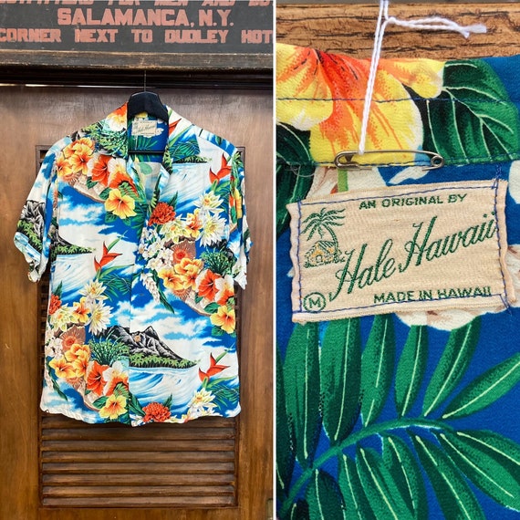 Vintage 1950s hale Hawaii Tiki Tropical Floral Crepe Hawaiian 