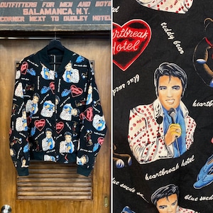 Vintage 1980’s Elvis Presley King of Rock n’ Roll Bomber Jacket Pop Art, Elvis, 80’s Vintage Clothing