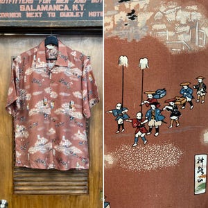 Camisa hawaiana vintage de seda japonesa &quot;Hookano&quot; de los años 50 con cuello de lazo y bolsillo a juego, ropa vintage de los años 50