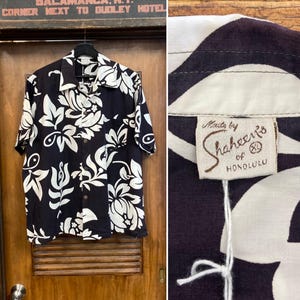 Vintage 1950’s Size XL “Shaheen’s” Floral Black x White Tiki Cotton Hawaiian Shirt, Original, Signed Selvedge, 50’s Vintage Clothing