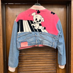 Vintage 1980s Too Cute Betty Boop Pudgy Dog Denim Patchwork Cropped Bomber Jacket, 80s Jean Jacket, Vintage Clothing image 3