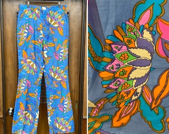 Vintage 1960’s -Deadstock- w34 Mod Floral Print Psychedelic Polished Cotton Flat Front Pants Trousers, 60’s Vintage Clothing