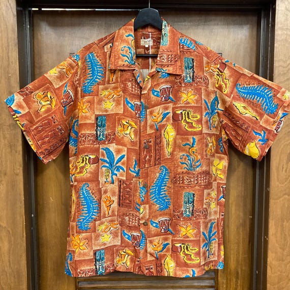 Chemise Hawaii Aloha Tiki Tahiti Vintage Années 50 - Taille M/L, Bleue - Occasion Très Bon état Pour Homme