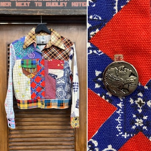 May include: A colorful patchwork jacket with a variety of patterns, including plaid, floral, and paisley. The jacket has a button-up front and long sleeves. The fabric is a mix of cotton and linen.
