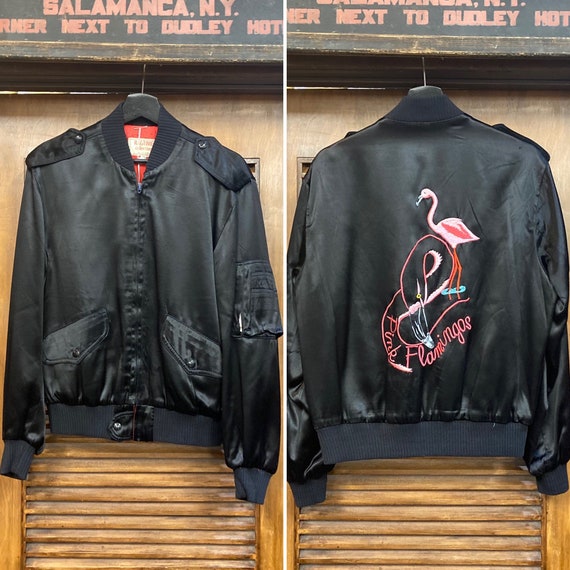 Vintage 1980’s “Pink Flamingo” Black Satin Bomber