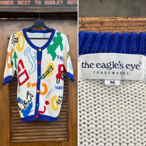 Vintage 1990s Eagles Eye Monopoly Game Cartoon Pop Art Knit Sweater 90s Cardigan, Vintage Clothing image 1