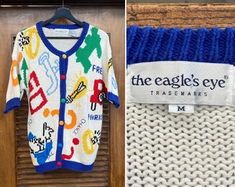 Vintage 1990’s “Eagle’s Eye” Monopoly Game Cartoon Pop Art Knit Sweater? 90’s Cardigan, Vintage Clothing