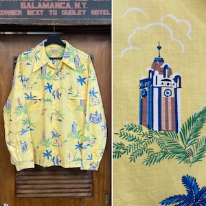 Vintage 1940’s “Del Mar” Hula Girl Aloha Tower Cartoon Long Sleeve Cotton Hawaiian Shirt, Flap Pockets, 40’s Vintage Clothing