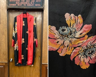 Vintage 1930’s Black & Red Magnolia Floral Rayon Kimono Robe, Vintage 1930s Robe, Vintage Floral Kimono, True Vintage Rayon Robe