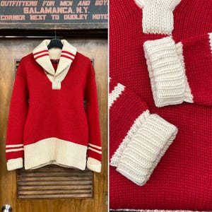 Maglione originale vintage anni &#39;30 in lana rossa x bianca con collo a scialle, abbigliamento vintage anni &#39;30