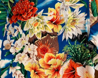 Vintage 1950's “hale Hawaii” Tiki Tropical Floral Crepe
