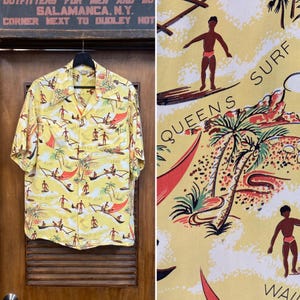 Vintage 1940’s Size L Surfer Pattern Silky Rayon Hawaiian Shirt, Original, Loop Collar, 40’s Vintage Clothing