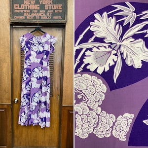 Vintage 1940’s Amazing Lavender Holo Muu Rayon Hawaiian Dress, Tropical, Tiki, Butterfly, Deco, Vintage Hawaiian Dress, Tiki Dress, Rayon