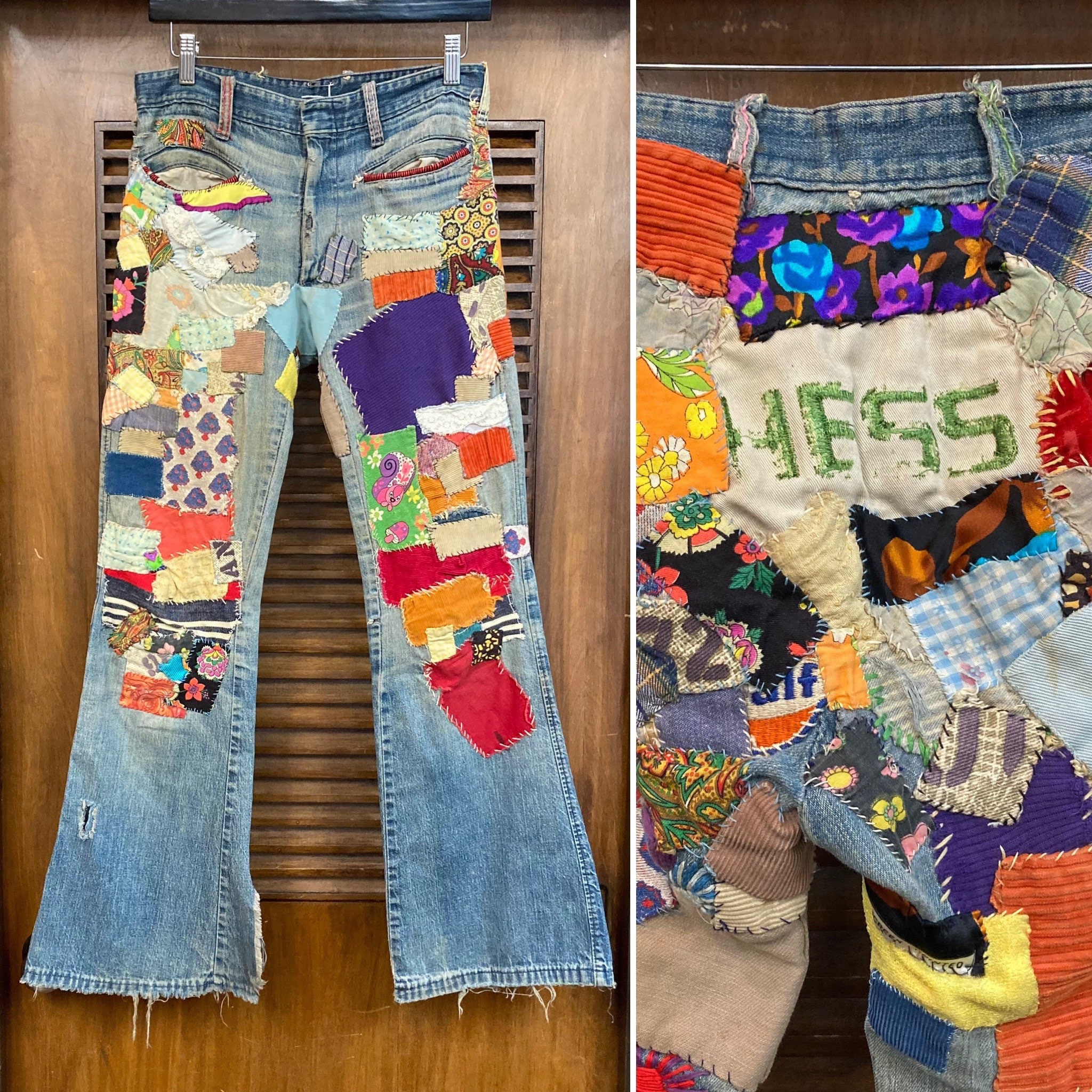 Vintage 1960s W30 Amazing Patchwork Denim Hip Hugger Flare Hippie Boho Jeans, 60s Custom Pants, Custom, Vintage Clothing - Etsy Vintage 1960s W30 Amazing Patchwork Denim Hip Hugger Flare Hippie Boho Jeans, 60s Custom Pants, Custom, Vintage Clothing - Etsy