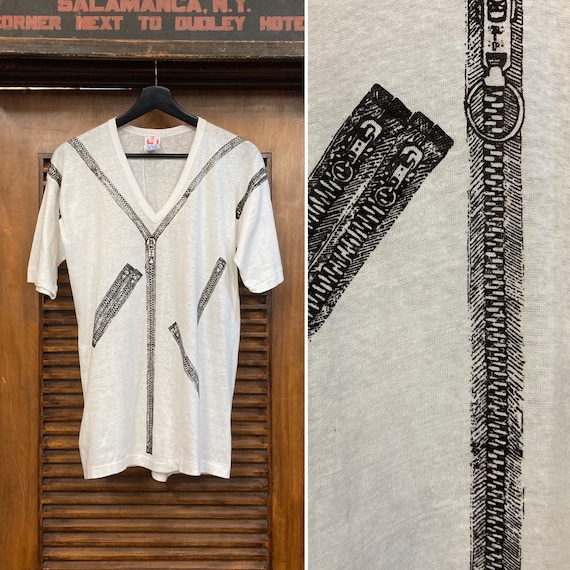 Vintage 1980's Punk Rock Zipper Design V-neck Tee Shirt Vintage 1980's Punk Rock Zipper Design V-neck Tee Shirt