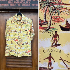 Vintage 1940’s Original Cartoon Surfer Tiki Silky Rayon Hawaiian Shirt, 1940’s Shirt, Vintage Hawaiian Shirt