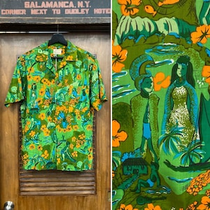 Vintage 1960’s Atomic Mod Cartoon Natives Pop Art Cotton Hawaiian Shirt, Loop Collar, 60’s Vintage Clothing