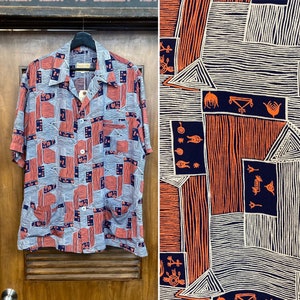 Vintage 1950s Size L Atomic Pattern Rayon Cabana Hawaiian Rockabilly Palm Beach Shirt, 50s Vintage Clothing image 1