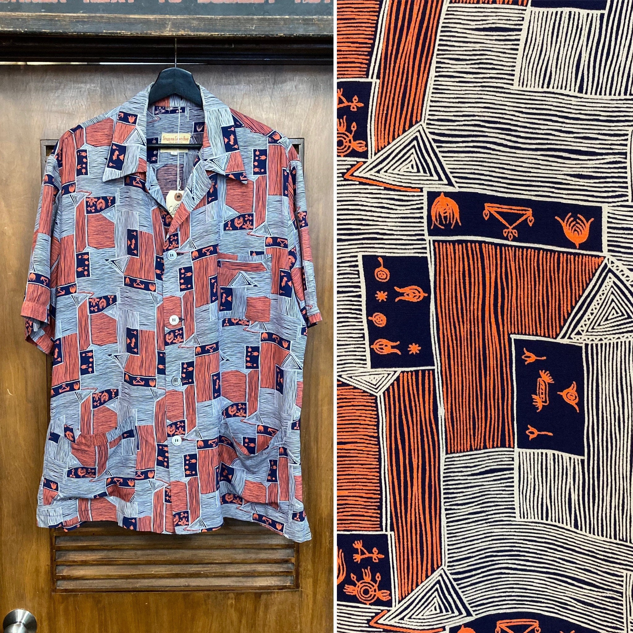Vintage 1950's Size L Atomic Pattern Rayon Cabana Hawaiian Vintage 1950's Size L Atomic Pattern Rayon Cabana Hawaiian