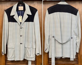 Vintage 1950’s “Sportimer” Two-Tone Rayon x Suede Yoke Hollywood Leisure Rockabilly Jacket, 3-Piece Belt, Original, 50’s Vintage Clothing Vintage 1950’s “Sportimer” Two-Tone Rayon x Suede Yoke Hollywood Leisure Rockabilly Jacket, 3-Piece Belt, Original, 50’s Vintage Clothing
