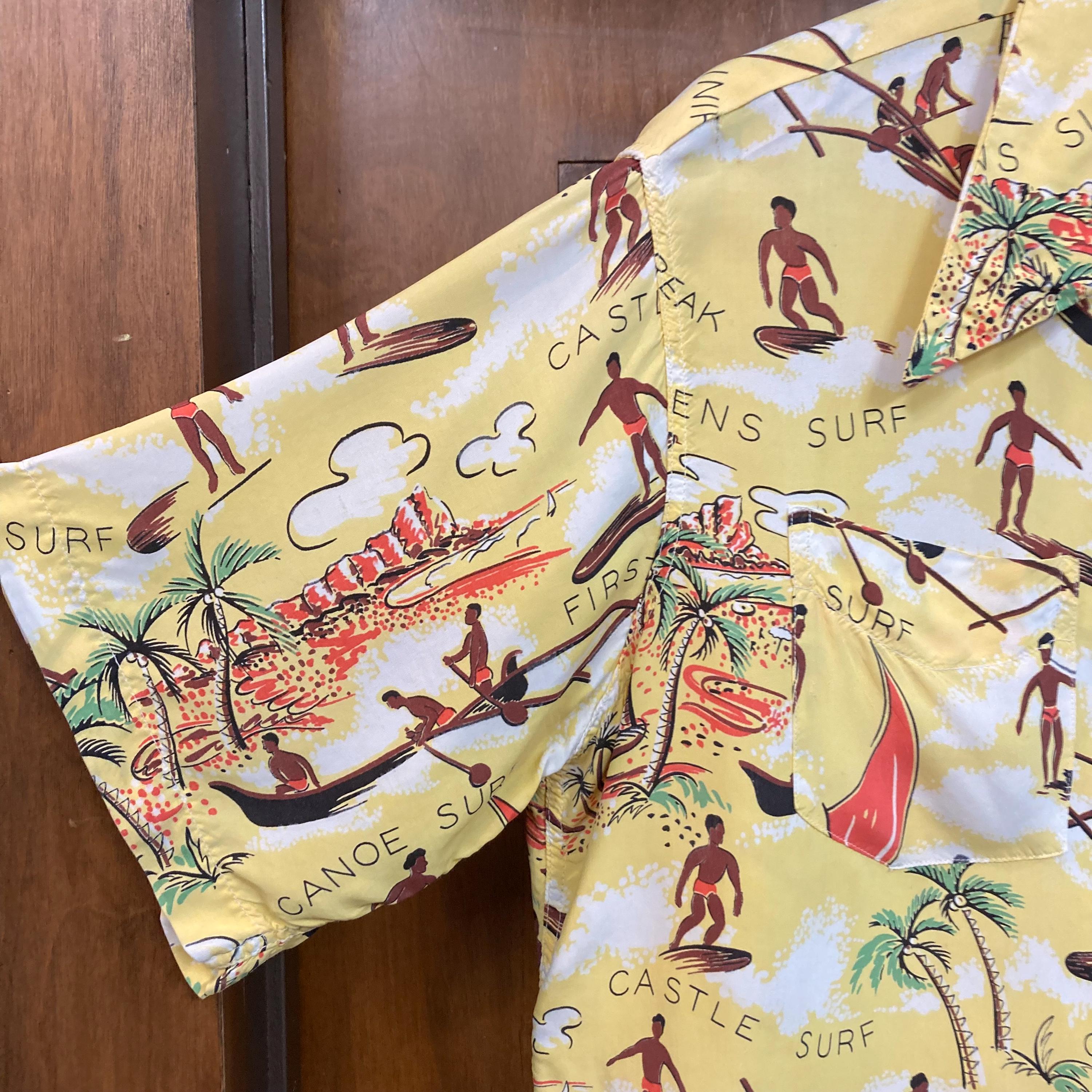 Vintage 1940's Size L Surfer Pattern Silky Rayon Hawaiian
