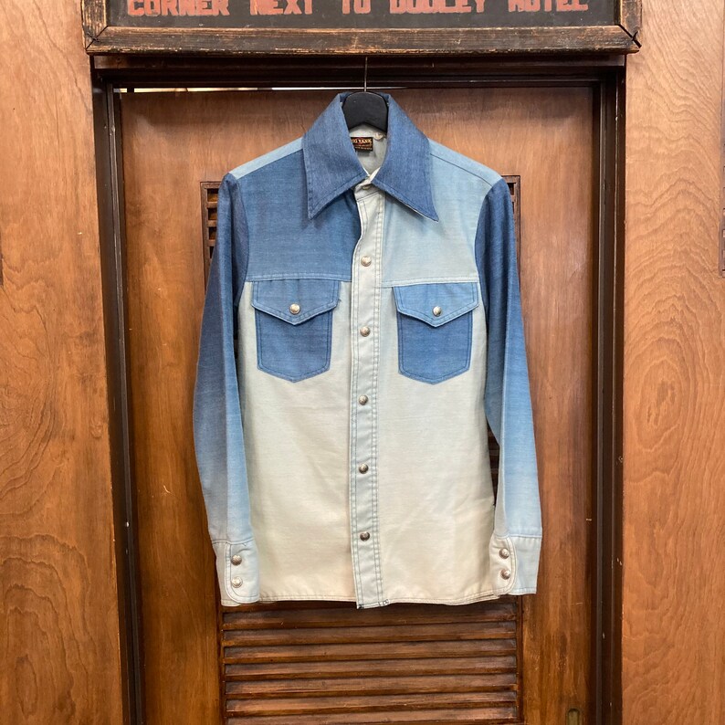 Vintage 1970s Big Yank Brushed Cotton Ombré Denim Hippie Rocker Shirt, 70s Snap Button Over Shirt, Vintage Clothing image 2