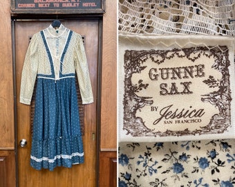 Vestido vintage de encaje floral estilo bohemio de festival Gunne Sax de Jessica Prairie, años 70, talla 11, estilo hippie, estilo Gunne Sax, estilo pradera, estilo campestre.