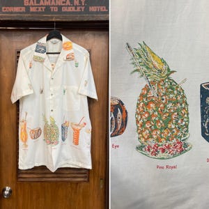 Vintage 1950’s Size L Tiki Cocktail Drinks Cotton Hawaiian Shirt, Loop Collar, Original, 50’s Vintage Clothing