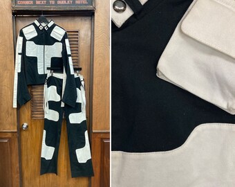 Vintage 1990s Custom Cyber Rave Techno Negro & Blanco Twill Krazy Traje de dos piezas, chaqueta, pantalones, Rave, Techno, Cyber, Juego a juego, 2 piezas