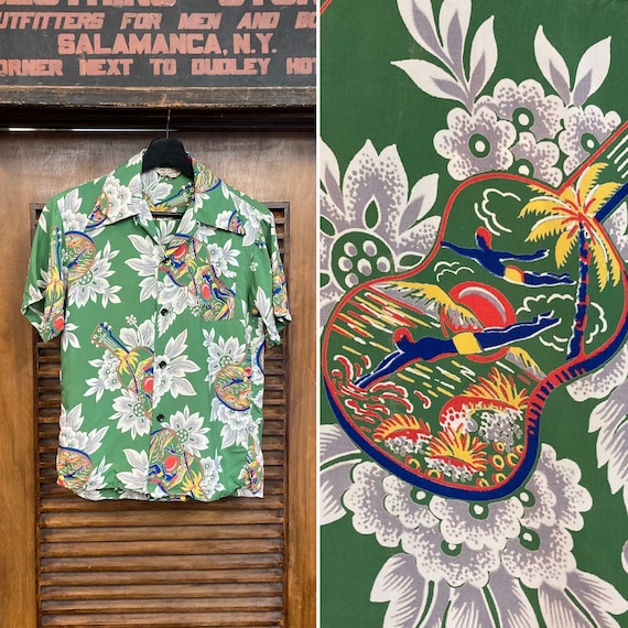 rai♡◡̈SOIL | 40SPOPLIN FLOWER SHIRTS Vintage 1940's Original Ukelele Diver Floral Silky Rayon