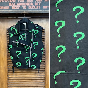 Vintage 1980’s “Lip Service” Brand Riddler Question Mark Cotton Twill Vest Jacket, 80’s Punk Vest, Vintage Biker Vest, Vintage Clothing