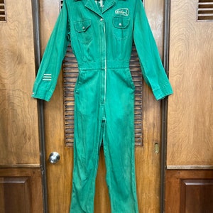 Vintage 1940s Bullfrogs Pep Squad Cheerleader Green Twill Workwear Embroidered Varsity School Coveralls Outfit, Chainstitch, Jumpsuit, 40s image 2