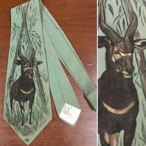 Vintage 1940’s Necktie, Hand Painted Antelope Tie,