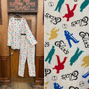 Vintage 1990’s Size L Shirt Elvis Presley Cotton Rockabilly Atomic Print PJ Pajama Set Shirt Pants, Novelty Print, Vintage Two Piece, Elvis